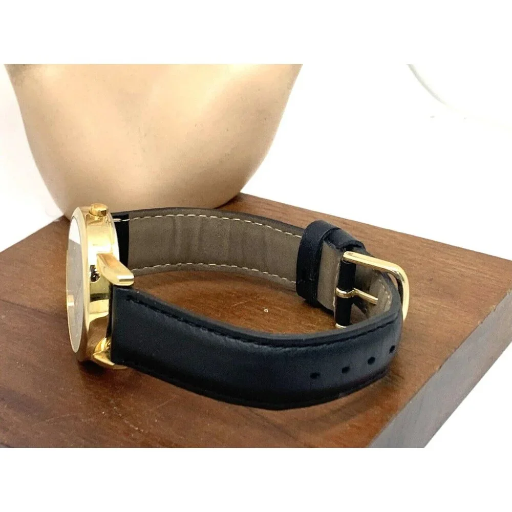Timex Men's Watch T2H291 Quartz Indiglo Gold White Dial Black Leather Band 35mm